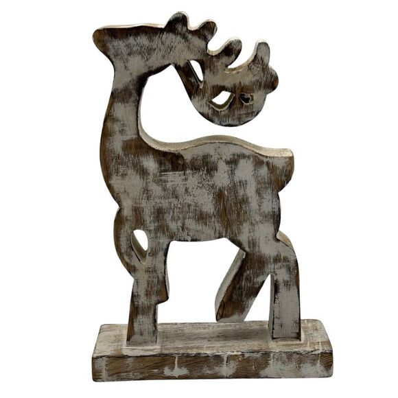 Hand Carved & Distress Painted Wooden Reindeer White/Brown - Picture 1 of 7